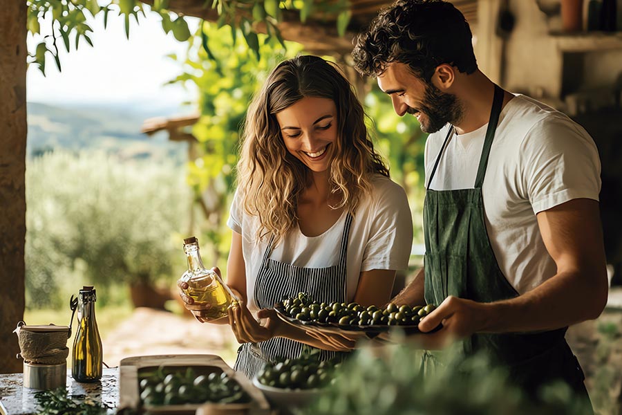 PAreja cocinando en escapada oleoturismo
