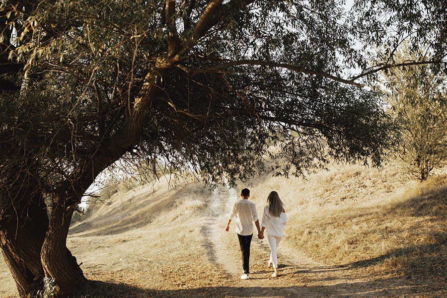 Pareja paseando por olivos