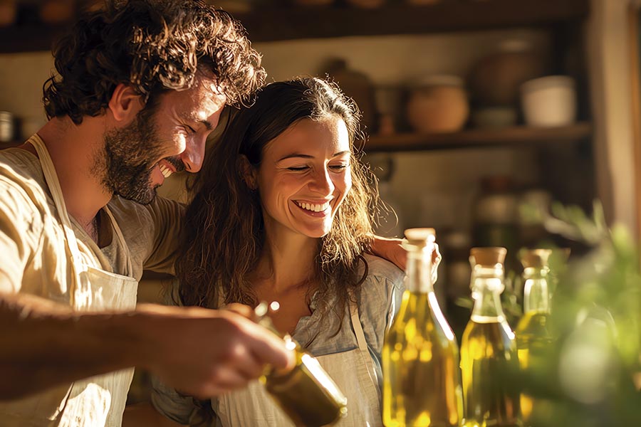 Pareja disfrutando aceite comprado